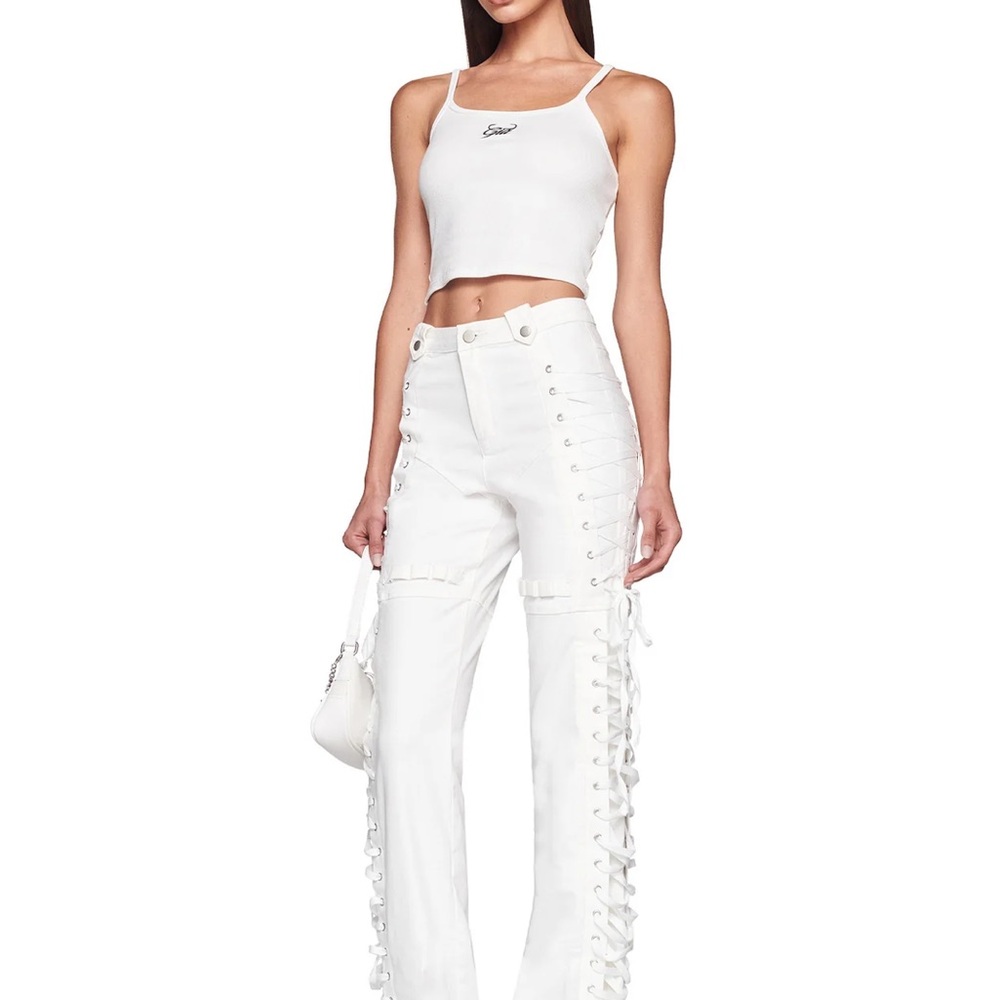 High-Rise White Lace-Up Wide Leg Jeans